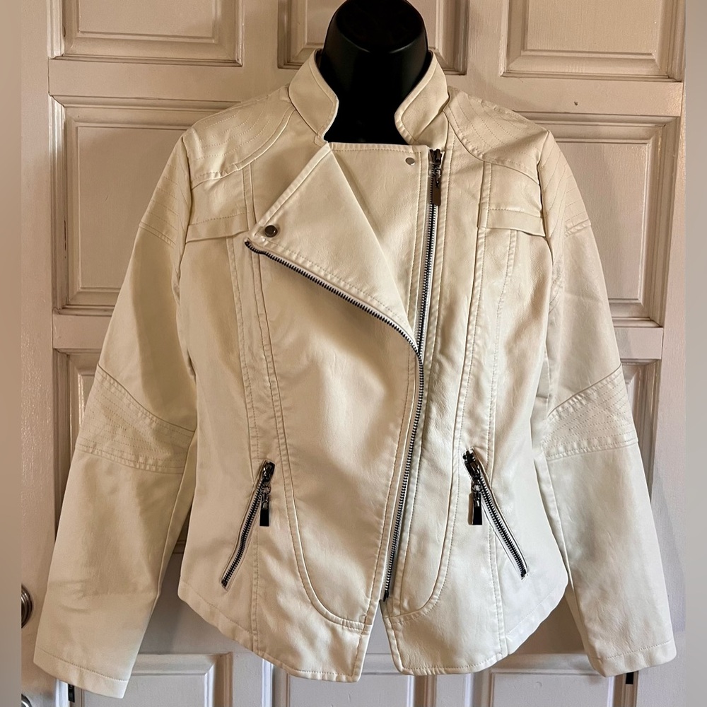Women's Cream Faux Leather Biker Jacket